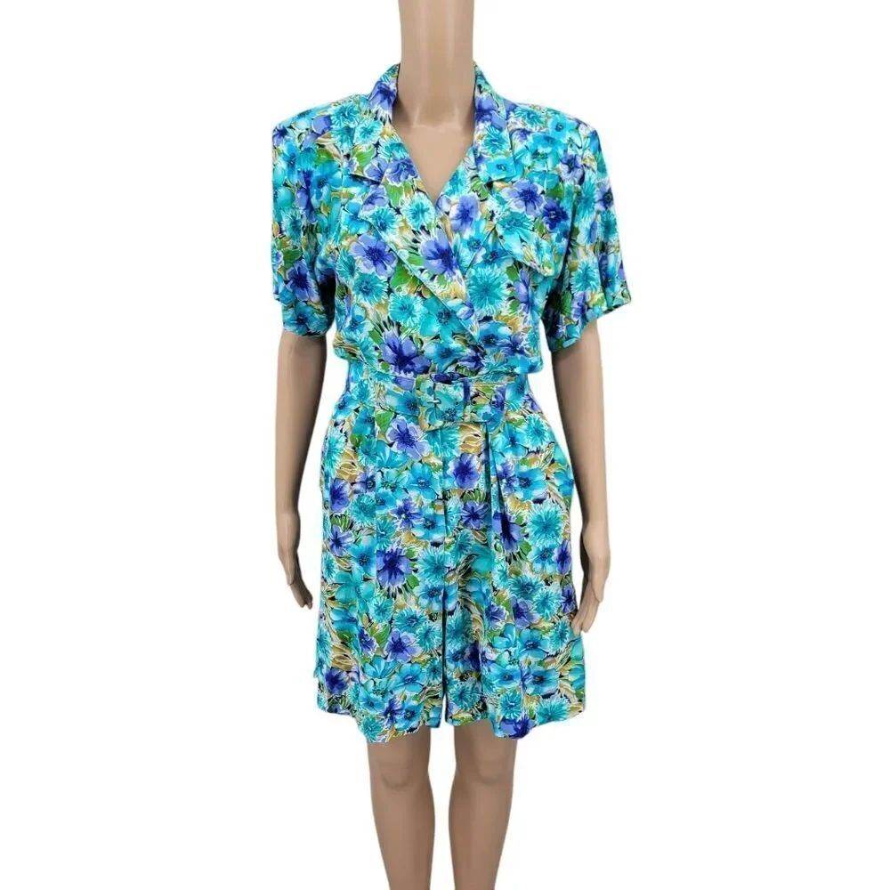 Sarah Taylor Vintage Granny Floral Teal Blue Women's Belted Romper